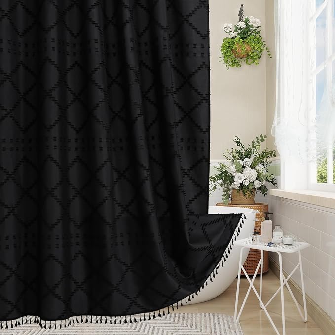 Black Boho Woven Fabric Shower Curtain with Tassel 72x84, Tufted Textured | Modern Farmhouse Curtain for Bathroom, Extra Long Bathroom Curtain, Minimalist Decor, Waterproof