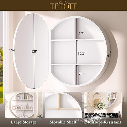 TETOTE Bathroom Mirror Cabinet 30 x 30 White Round Bathroom Medicine Cabinet with Mirror Adjustable Shelves Farmhouse Wall Mirror with Storage Surface Mounted