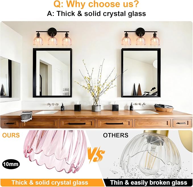 Bathroom Light Fixtures, 3-Light Brushed Black Vanity Lights for Bathroom with Pink Tulip Glass Shade, 20" Vintage Bathroom Vanity Lighting Fixtures Over Mirror for Bedroom Living Room Hallway