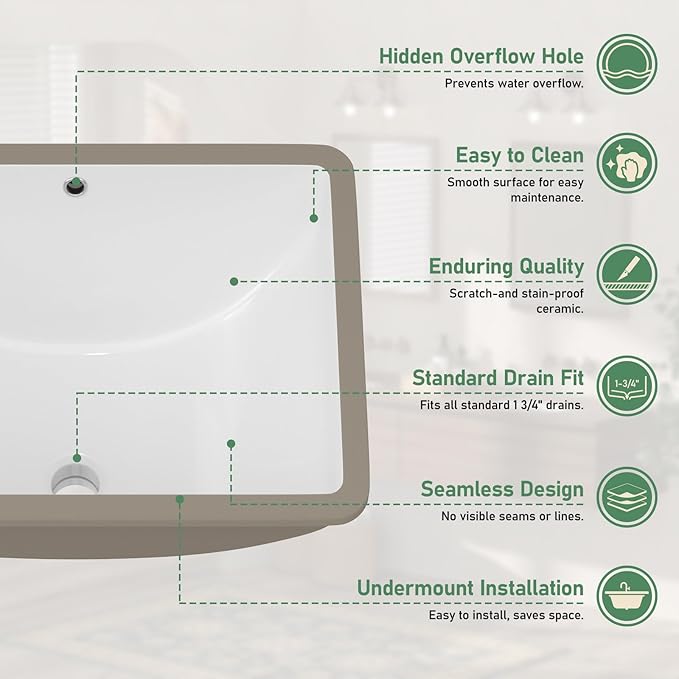 Undermount Bathroom Sink 18x14 Inch White Rectangle Porcelain Vessel Sinks with Curves Bottom Deep Basin with Overflow Lavatory Vanity Sink Mounted Under the Counter