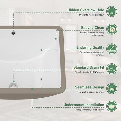 Undermount Bathroom Sink 18x14 Inch White Rectangle Porcelain Vessel Sinks with Curves Bottom Deep Basin with Overflow Lavatory Vanity Sink Mounted Under the Counter