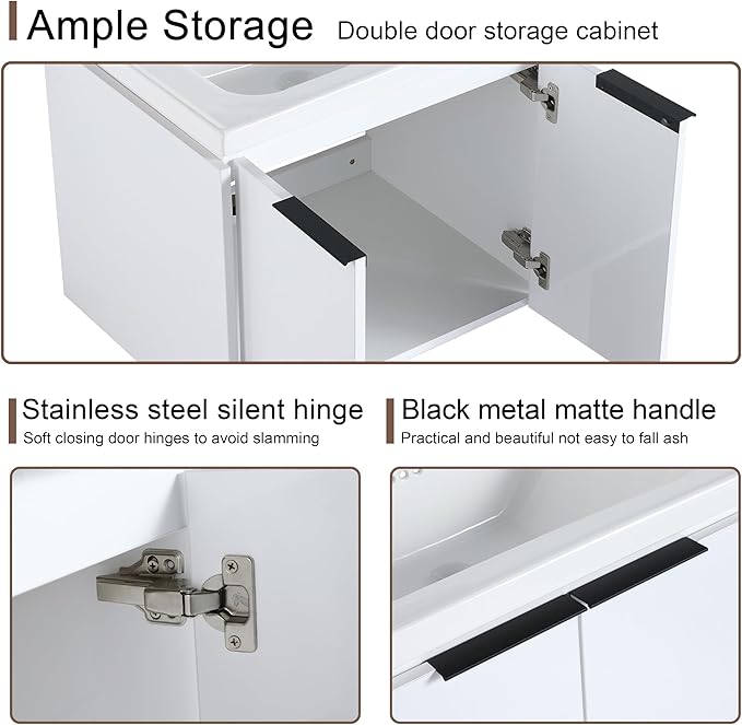 Malwee 24" Floating Bathroom Vanity with Sink, 24 Inch Single Sink Wall Mounted Bathroom Vanity, with 2 Doors and White Ceramic Basin Top, Wall Hung Storage Cabinet Combo Set.MA07424