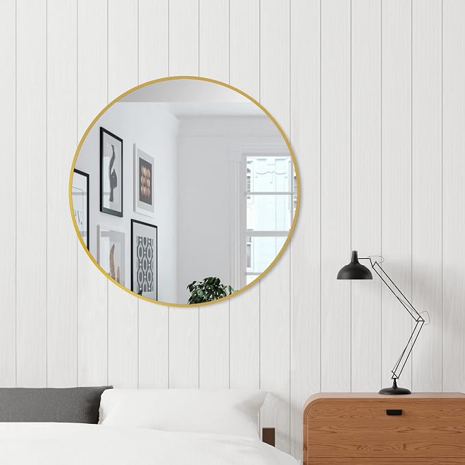 26 Inch Gold Round Circle Mirror for Bathroom Wall, Metal Frame | HD tempered glass for clear, distortion-free reflection. Mounting hardware included for vertical or horizontal wall mount.