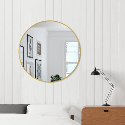 26 Inch Gold Round Circle Mirror for Bathroom Wall, Metal Frame | HD tempered glass for clear, distortion-free reflection. Mounting hardware included for vertical or horizontal wall mount.