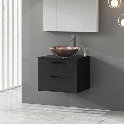 eclife 24" Floating Bathroom Vanities with Sink Combo, Wall Mounted Modern Cabinet W/Diamond Line Pattern Design, Brown Round Glass Vessel Sink W/Water Save Faucet & Pop Up Drain, Black