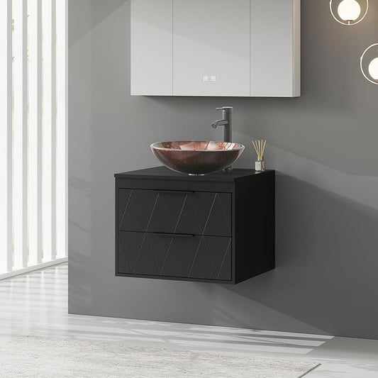 eclife 24" Floating Bathroom Vanities with Sink Combo, Wall Mounted Modern Cabinet W/Diamond Line Pattern Design, Brown Round Glass Vessel Sink W/Water Save Faucet & Pop Up Drain, Black