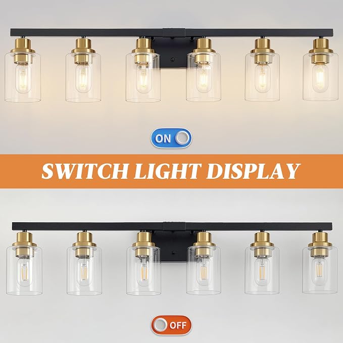 6-Light Vanity Lights Bathroom Light Fixtures,Black and Gold,37" | Modern Bathroom Vanity Light over Mirror with Clear Glass Shade,Farmhous Wall Mounted for Bathroom,E26 Base