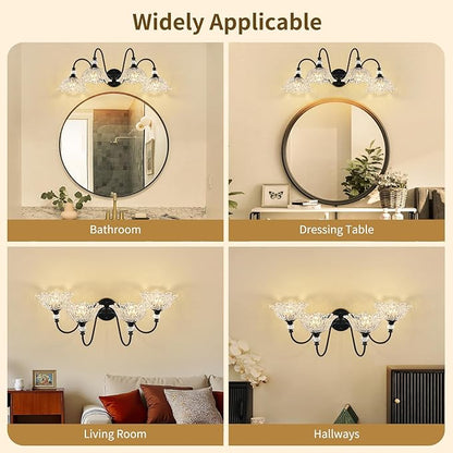 4-Light Matte Black Bathroom Vanity Light, Farmhouse Vanity Light with Floral Clear Glass Shades, Vintage Wall Mount Lighting for Bathroom