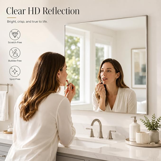 30"x30" Brushed Nickel Framed Square Bathroom Vanity Wall Mirror | Accent Wall Mirror, Square Geometric Look, Slim Metal Frame, Living Room or Entryway, Keyhole Mount, Tempered Glass
