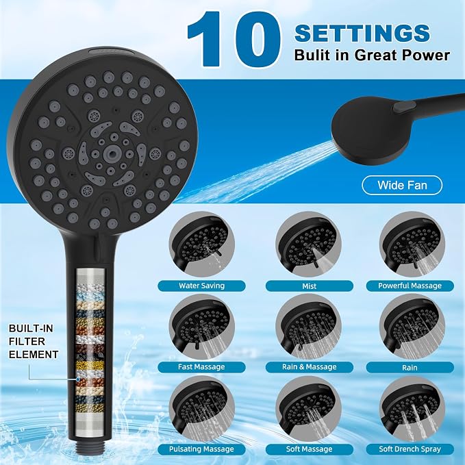 Metal 10" Rain Showerhead with 10-Spray Filter Handheld, 4-way Diverter | Matte Black Finish, Upgraded High Pressure Shower Head with Pause Mode, 71" Stainless Steel Hose/12" Extension Arm