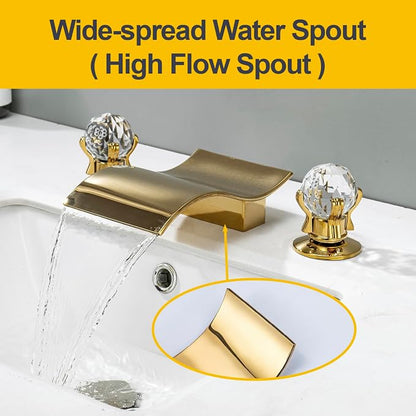 Widespread Bathroom Sink Faucet with Crystal Knob 3 Hole Waterfall Vanity Faucet 8 Inch Crystal Bathroom Faucets Deck Mount Basin Mixer Tap with Hose, Polished Gold