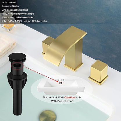 Bathroom Faucets 3 Hole, Brushed Gold 8 inch Widespread Bathroom Sink Faucet, Modern Square Metal 2 Handles Waterfall Bathroom Vanity Faucet 3 Hole with Pop Up Drain, Gold Faucets