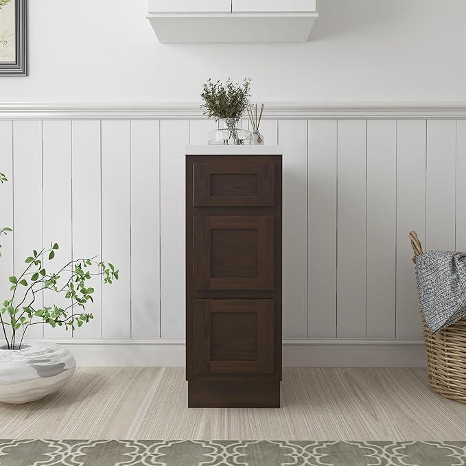 HomeBeyond 12 Inch Bathroom Vanity Base Only, Single Vanity Cabinet with 3 Dove-Tailed Drawers, Composable Floor Mount Cabinets Without Top, Brown