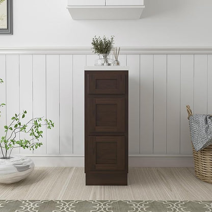 HomeBeyond 12 Inch Bathroom Vanity Base Only, Single Vanity Cabinet with 3 Dove-Tailed Drawers, Composable Floor Mount Cabinets Without Top, Brown