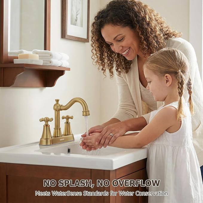 4-inch Centerset Brushed Gold Classical Bathroom Faucet, 2 Handles for 2 or 3 Hole Sink with 360° Swivel Spout, Pop Up Drain Assembly and Supply Hose for Vanity Sink Lavatory Faucet