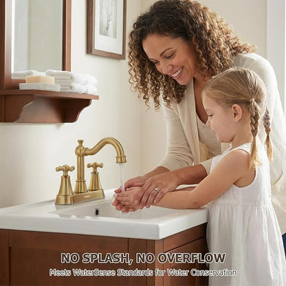 4-inch Centerset Brushed Gold Classical Bathroom Faucet, 2 Handles for 2 or 3 Hole Sink with 360° Swivel Spout, Pop Up Drain Assembly and Supply Hose for Vanity Sink Lavatory Faucet