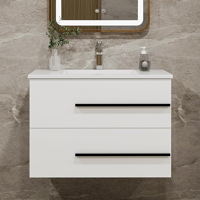 30 Inch Bathroom Vanity, Modern Wall Mounted Floating Bathroom Vanity, Bathroom Vanities Sink Cabinet with Storage Drawers & Metal Handles (White Without Ceramic Sink 30")