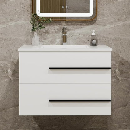 30 Inch Bathroom Vanity, Modern Wall Mounted Floating Bathroom Vanity, Bathroom Vanities Sink Cabinet with Storage Drawers & Metal Handles (White Without Ceramic Sink 30")