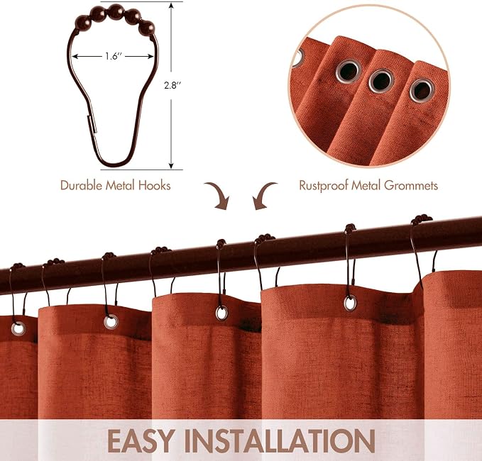 MIULEE 84" Long Burnt Orange Scalloped Linen Shower Curtain 72W x 84L | 12 metal hooks, Linen scalloped, waterproof washable, thick heavy cloth, black border, boho farmhouse, bathroom hotel use