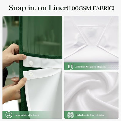 Dark Green Hook Free Waffle Shower Curtain & Snap-in Liner,72x87 | Less Time to install, 3 in 1 Fabric Shower Curtain and Liner Set with Magnets, Extra Long, Shower Curtains for Bathroom