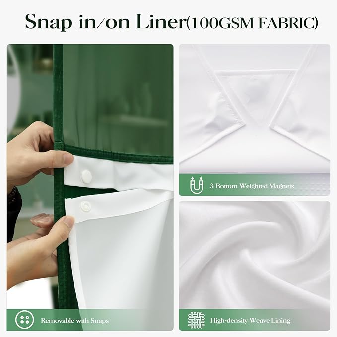 Dark Green Hook Free Waffle Shower Curtain & Snap-in Liner,72x75 | Less Time to install, 3 in 1 Fabric Shower Curtain and Liner Set with Magnets, Mesh Top Window, Shower Curtains for Bathroom