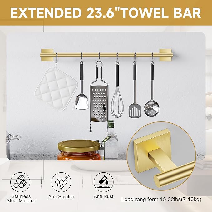 Brushed Gold Toilet Paper Holder Towel Bar Set, 5 Pieces Bathroom Hardware Accessories Set, 23.6 Inch Stainless Steel Towel Racks for Bathroom Wall Mounted