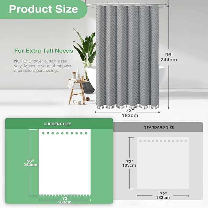 Dynamene Extra Long Shower Curtains, 96 Inches Long Boho Tufted Chevron Striped Fabric Shower Curtains for Bathroom, Tall Minimalist Waterproof Cloth Shower Curtain Set with 12 Hook, Grey, 72x96