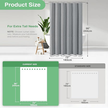 Dynamene Extra Long Shower Curtains, 96 Inches Long Boho Tufted Chevron Striped Fabric Shower Curtains for Bathroom, Tall Minimalist Waterproof Cloth Shower Curtain Set with 12 Hook, Grey, 72x96