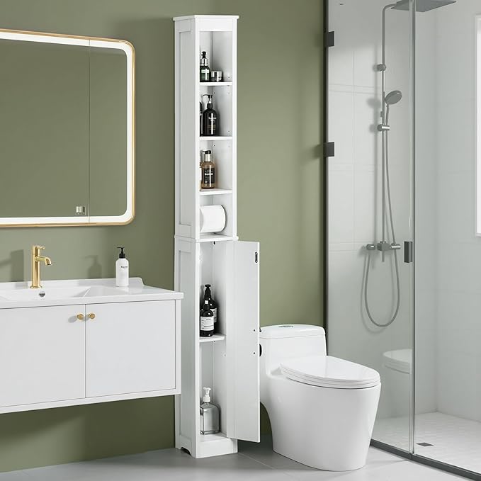 VECELO Narrow Bathroom Storage Cabinet with 3 Adjustable Shelves, 71" Tall Freestanding Cabinet with Toilet Paper Holder, Slim Tower Cabinet with Magnetic Door, for Small Spaces, White