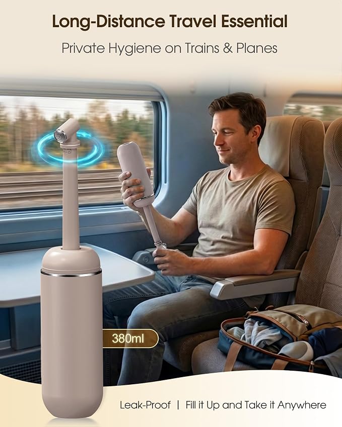 Portable Bidet for Travel & Camping - Manual Squeeze Peri Bottle Handheld | 3 Leak-Proof Seals | BPA-Free | Feminine Hygiene Care | Postpartum | Extendable Sprayer with Nozzle | for Men&Women-Khaki