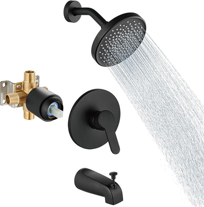 Aolemi Tub Shower Faucet Set With Valve Wall Mount Shower Trim Kit 6 Inch Bathtub Fixtures Rough-in Valve Single-Spray Shower Head System 5.3 Inch Tub Spout Matte Black Modern