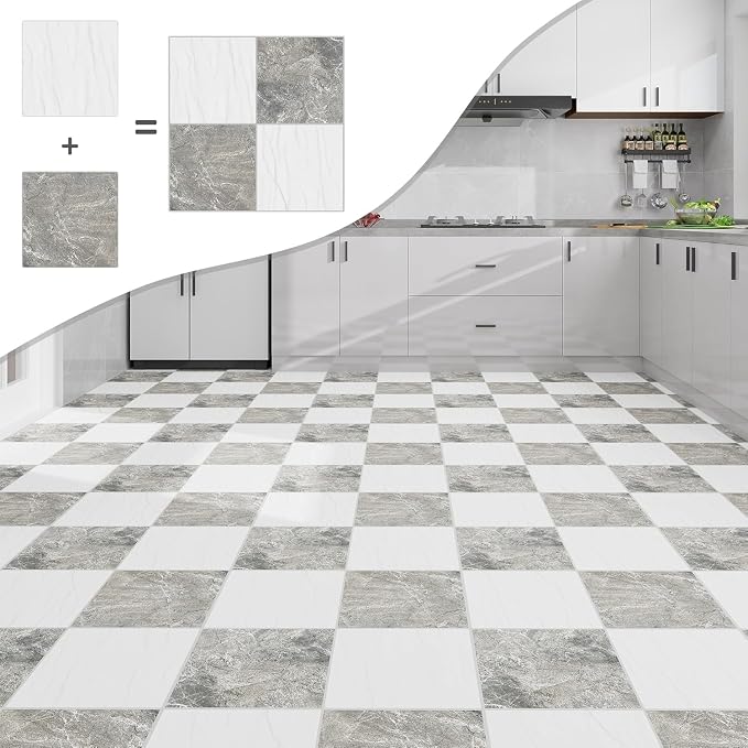 Lareko 60Sq.Ft Marble Peel and Stick Vinyl Floor Tiles,60 Tiles - 12" x 12",Waterfproof and Self Adhesive Vinyl Sticker Tiles,Laminate Flooring for for Kichen, Bathroom,Dining Room (WhiteX Grey