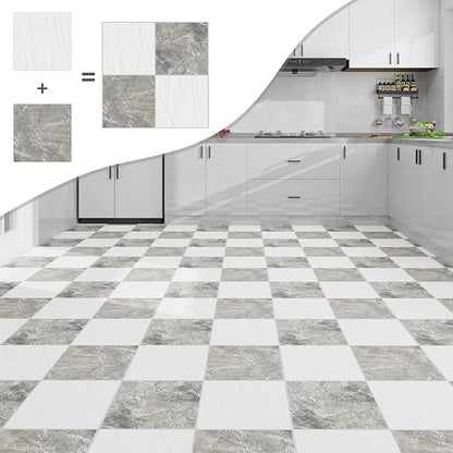 Lareko 60Sq.Ft Marble Peel and Stick Vinyl Floor Tiles,60 Tiles - 12" x 12",Waterfproof and Self Adhesive Vinyl Sticker Tiles,Laminate Flooring for for Kichen, Bathroom,Dining Room (WhiteX Grey