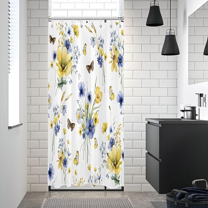 HVEST Farmhouse Floral Shower Curtain with Hooks, Blue and Yellow Flower and Butterfly on White Shower Curtain for Bathroom, Rustic Wildflower Bathroom Curtains Shower Set, 48X72 inch