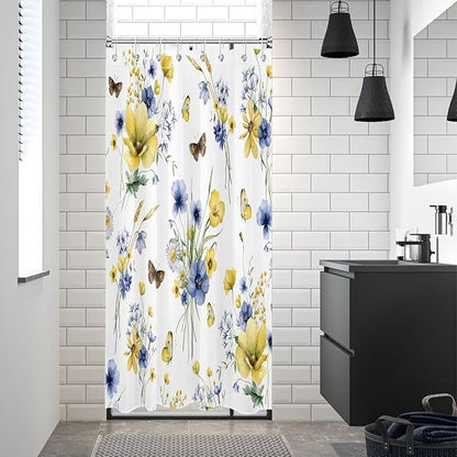 HVEST Farmhouse Floral Shower Curtain with Hooks, Blue and Yellow Flower and Butterfly on White Shower Curtain for Bathroom, Rustic Wildflower Bathroom Curtains Shower Set, 48X72 inch