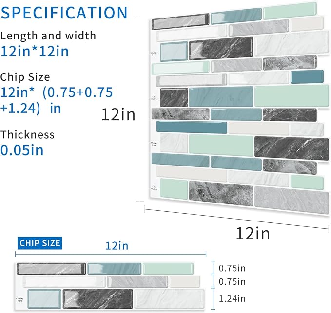 10-Sheet Peel and Stick Kitchen Backsplash Tiles | 3D Waterproof Self Adhesive Wall Tile Stick on Backsplash for Kitchen and Bathroom(Blue Green,12"×12")