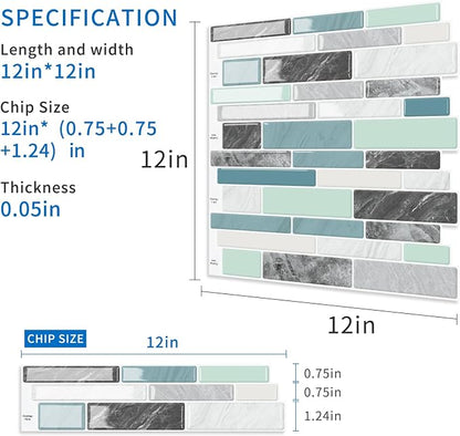 10-Sheet Peel and Stick Kitchen Backsplash Tiles | 3D Waterproof Self Adhesive Wall Tile Stick on Backsplash for Kitchen and Bathroom(Blue Green,12"×12")