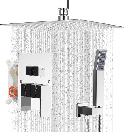 10" Square Ceiling Rain Shower Faucet Set, Chrome | Anti-scald cartridge, air tech boosts pressure 30%, dual spray, NPT 1/2