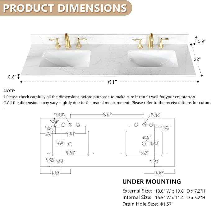 Ceres 61" Engineered Stone Vanity Top in Grain White with Double White Sinks