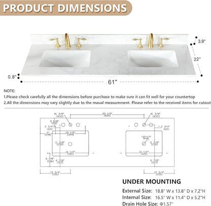 Ceres 61" Engineered Stone Vanity Top in Grain White with Double White Sinks