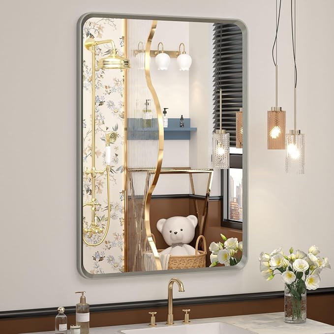 OKPAL Brushed Nickel Mirror 24 x 32 Inch Silver Bathroom Mirror for Over Sink, Rounded Rectangle Farmhouse Vanity Mirror, HD Wall Mirror, Aluminum Alloy Frame (Horizontal/Vertical)