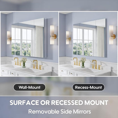 WELLFOR 48" x 36" Bathroom Medicine Cabinet with Mirror, Anodized Chrome Aluminum Frame, Surface Mount or Recessed Medicine Cabinet with Mirror, Bathroom Mirror with Storage, Three Doors