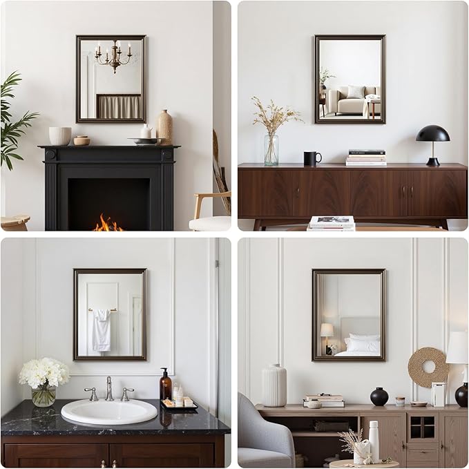 Retro Copper Effect Framed Wall Mirror, 30x36 Rectangle Mirror, Anti-desilvering Tempered Glass, Sustainable&Sturdy Frame, Anti-Rust, HD Reflection &3min Fast Setup for Bathroom Living Room