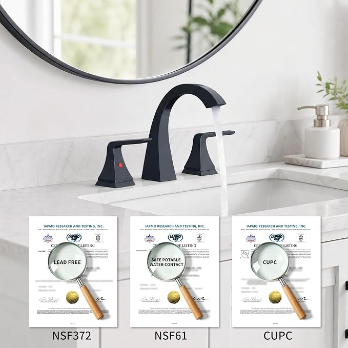 Bathroom Sink Faucet 8 inch, 3 Hole, NSF Certified, Matte Black | Modern Bathroom Faucet for Bathroom Sink and RV with Pop-Up Drain and Water Supply Lines