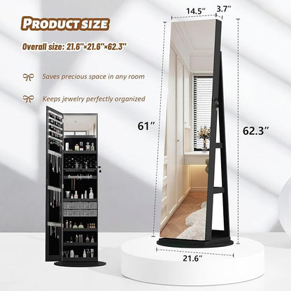 Jewelry Armoire with Full Length Mirror - 360° Swivel Standing Floor Mirror Jewelry Cabinet, Lockable Storage Organizer, 3 Shelves & Drawers,Tall Mirror with Storage for Women (Black)