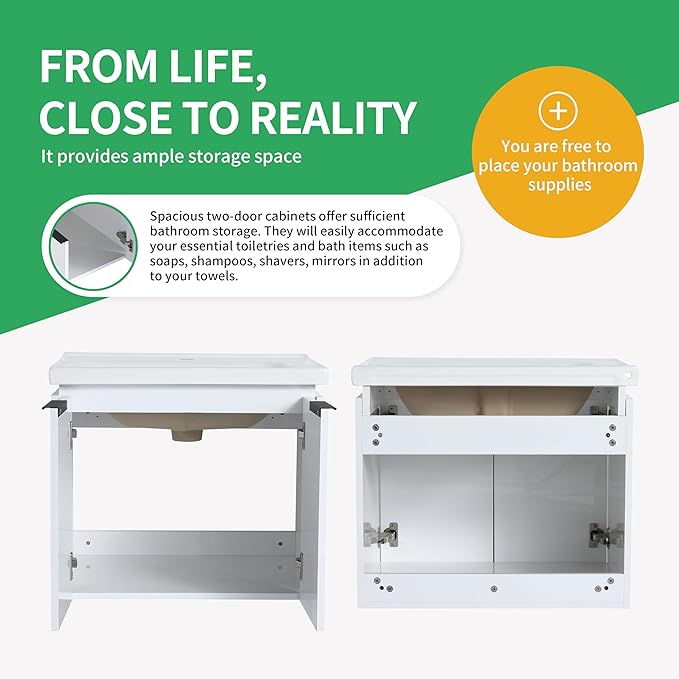 24 Inch Bathroom Vanity with Sink,Wall Mounted Bathroom Vanity Sink Combo with Soft Close Doors for Small Space,Modern Floating Bathroom Vanity with Top Basin & Storage Cabinet,White