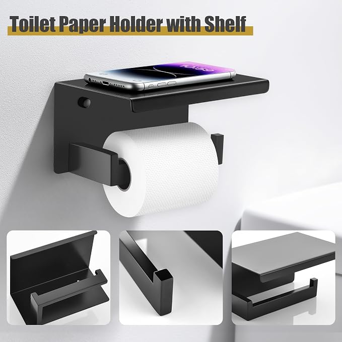 TURS Bathroom Hardware Set Black and Gold 4-Piece Towel Bar Set Include 24 Inch Towel Bar Towel Ring Towel Hook Toilet Paper Holder with Shelf Wall Mounted.