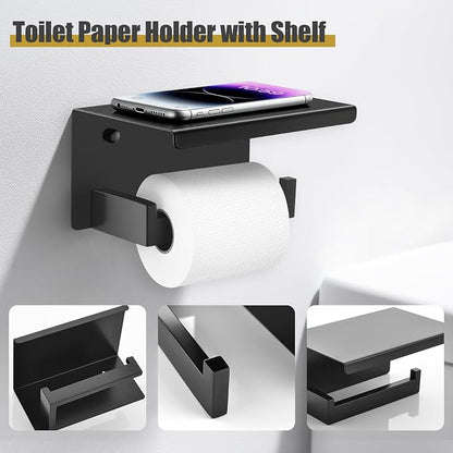 TURS Bathroom Hardware Set Black and Gold 4-Piece Towel Bar Set Include 24 Inch Towel Bar Towel Ring Towel Hook Toilet Paper Holder with Shelf Wall Mounted.