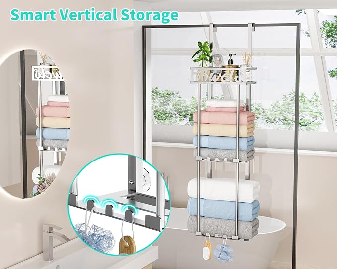 HapiRm Towel Rack Bathroom Storage - 3 Tier Over The Door & Wall Mounted Rolled Towel Racks Holder Organizer with Metal Shelf and 6 Hooks for Small Bathroom, Camper, Rv - Sliver