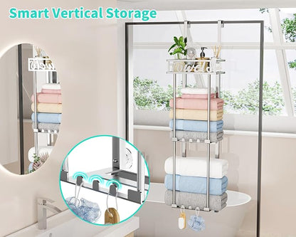 HapiRm Towel Rack Bathroom Storage - 3 Tier Over The Door & Wall Mounted Rolled Towel Racks Holder Organizer with Metal Shelf and 6 Hooks for Small Bathroom, Camper, Rv - Sliver